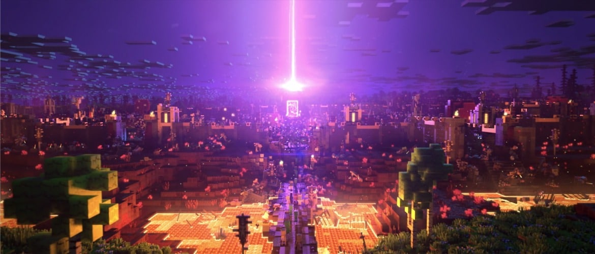 A screenshot from Minecraft Legends, depicting a purple beacon shooting up from a Nether Portal.